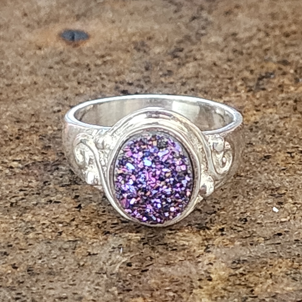 Dazzling Sterling Silver Sajen Druzy Quartz Purple Glitter Ring Sz 6.5 Jewelry